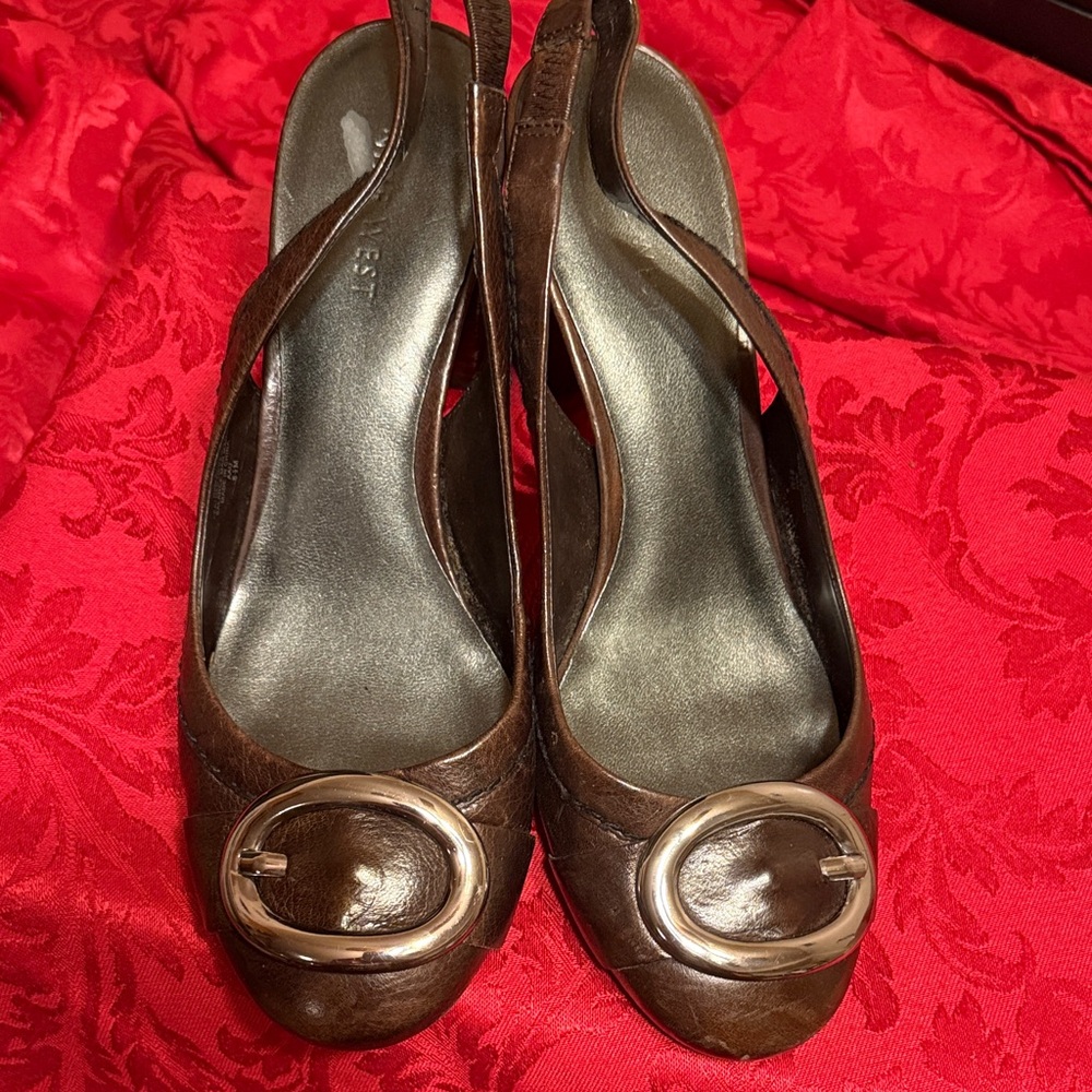 Nine West Dark Brown Slingback Heels with Buckle